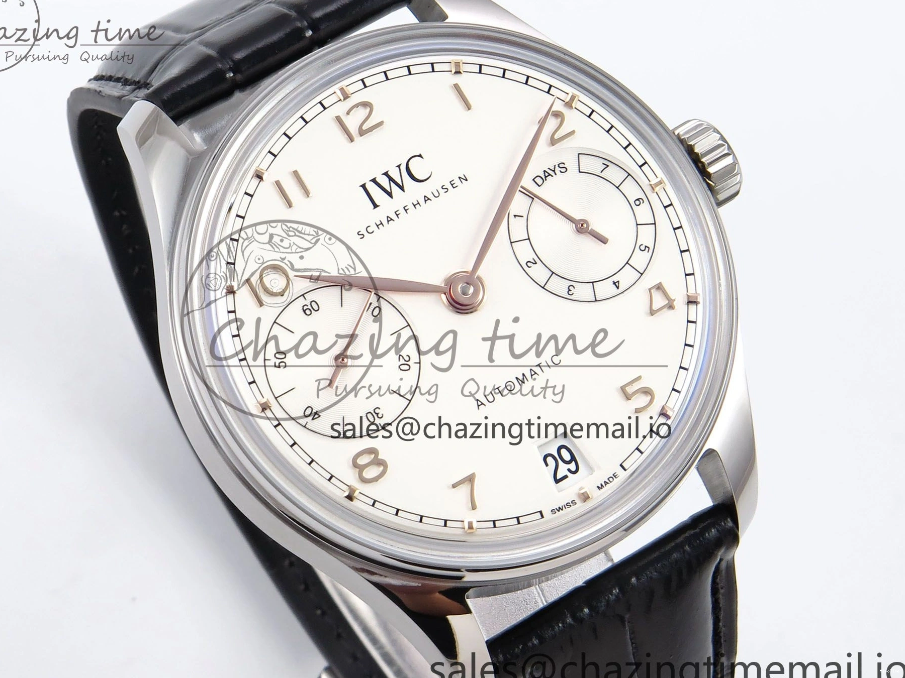 MIROTIME 0302 OnTrend Portugieser Automatic 42mm SS APSF 1:1 Best Edition White RG Dial on Black Leather Strap A 7010